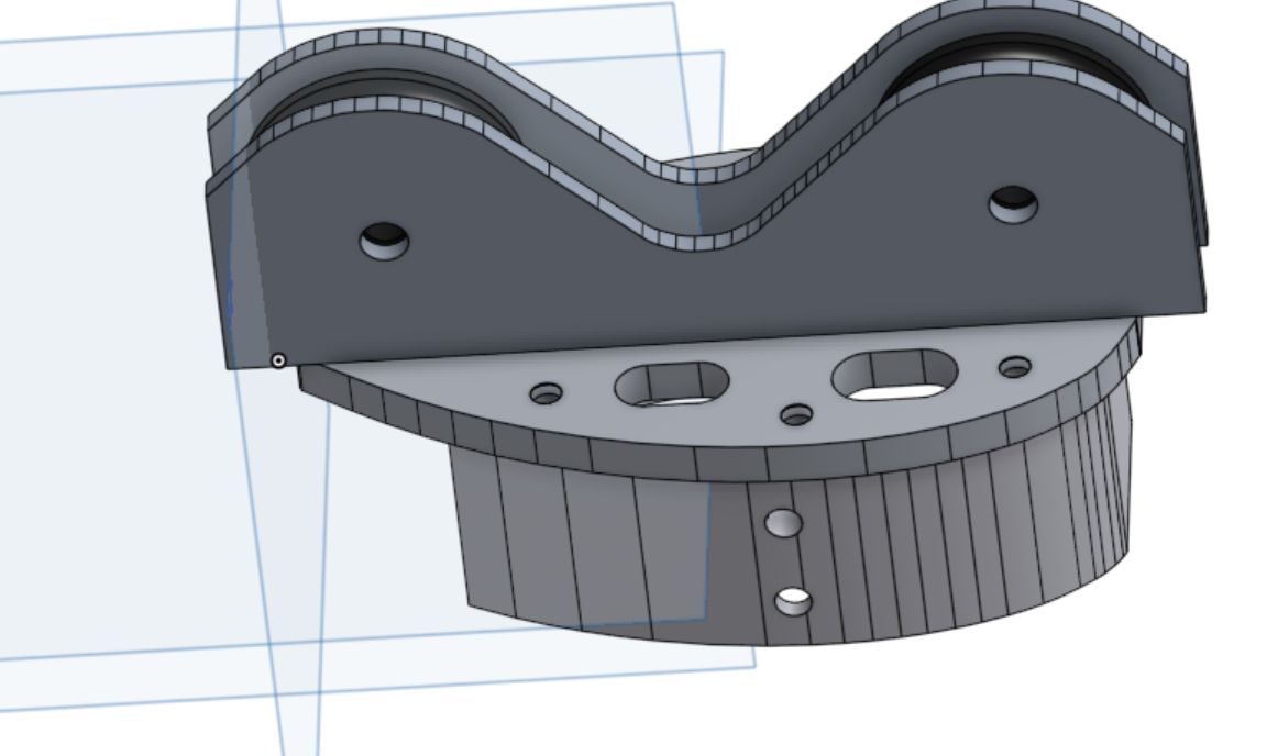 CAD view of the masthead fitting showing the twin sheave housings and the mounting holes