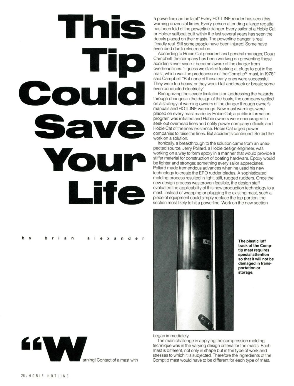 Magazine page headed This Tip Could Save Your Life, with a photograph of the joint between a black Comptip and the aluminum mast