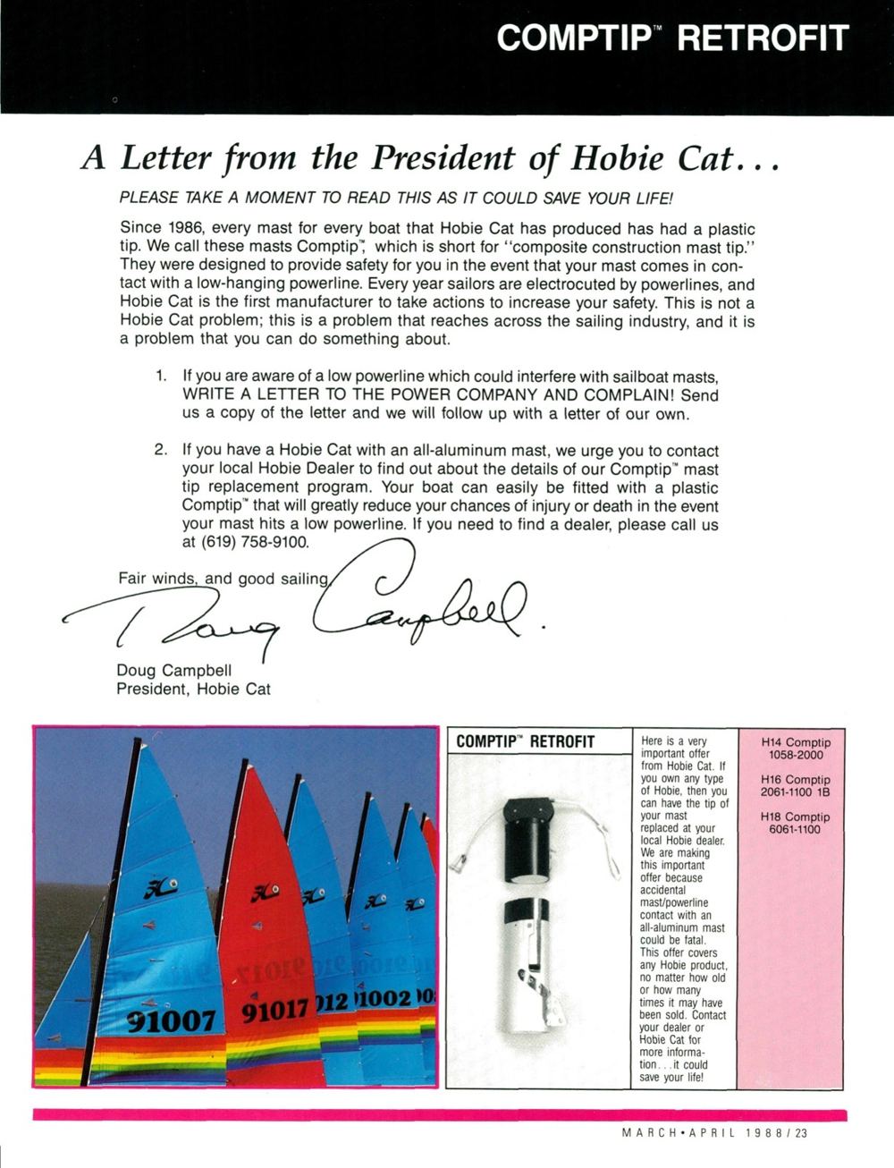 Magazine page with a letter from the president of Hobie Cat headed Please take a moment to read this as it could save your life, and the Comptip retrofit offer
