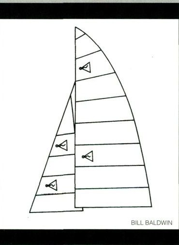 Line drawing of a Hobie main and jib with telltale positions marked on three panels of the jib and two of the main