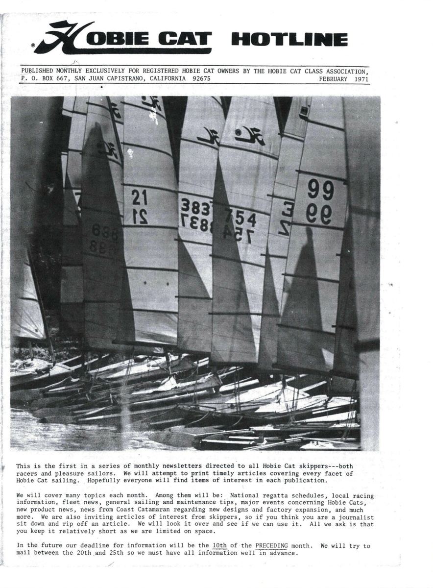 Cover of the first Hobie Cat Hotline, February 1971: a photo of Hobie 14 sails lined up on a beach, with the newsletter's opening text