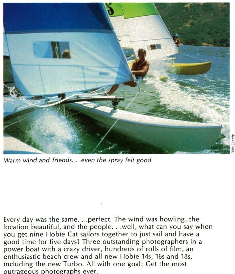 Magazine page with two photographs, a woman on a trapeze wire and a Hobie with a jib flying a hull, and a caption ending all new Hobie 14s, 16s and 18s, including the new Turbo