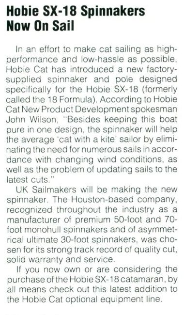Magazine column headed Hobie SX-18 Spinnakers Now On Sail, naming the SX-18, formerly called the 18 Formula