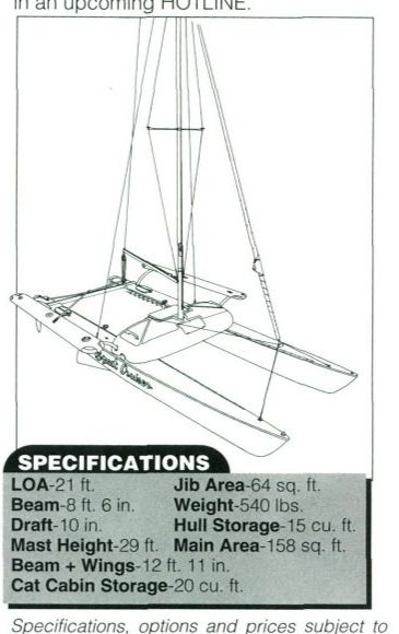 Line drawing of a catamaran with wing seats and a forward trampoline above a specifications box listing length, beam, mast height, weight, sail areas and storage