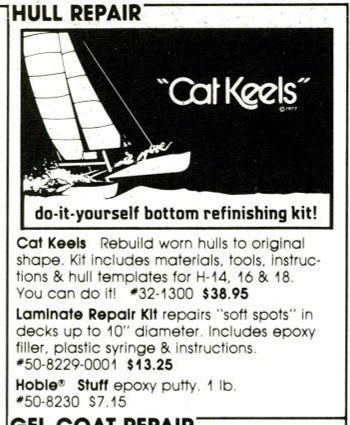 Section of a 1983 mail-order advertisement listing a Cat Keels bottom refinishing kit and a Laminate Repair Kit for soft spots in decks up to ten inches in diameter