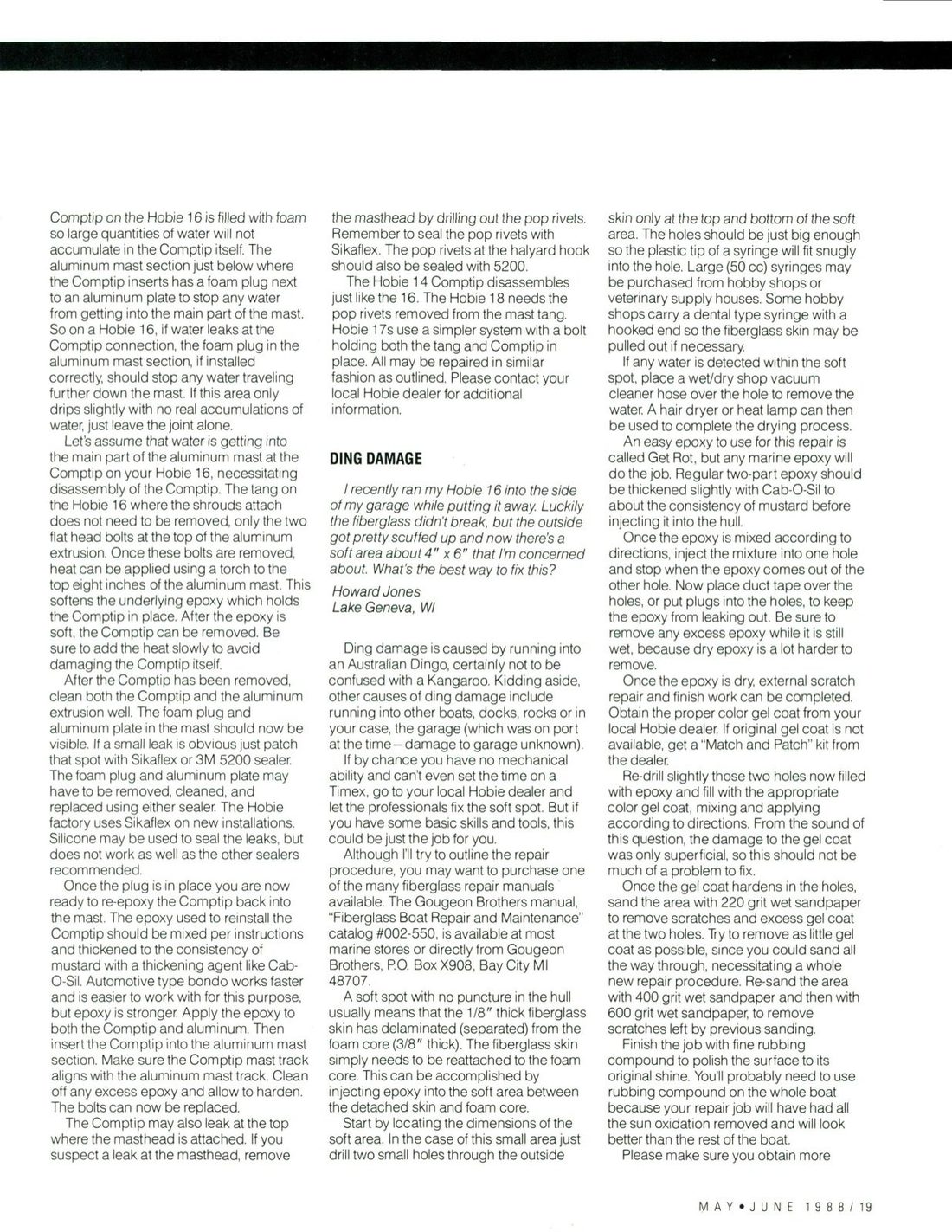 Magazine page of a question-and-answer column headed Ding Damage, describing a four by six inch soft area and the two-hole epoxy injection repair