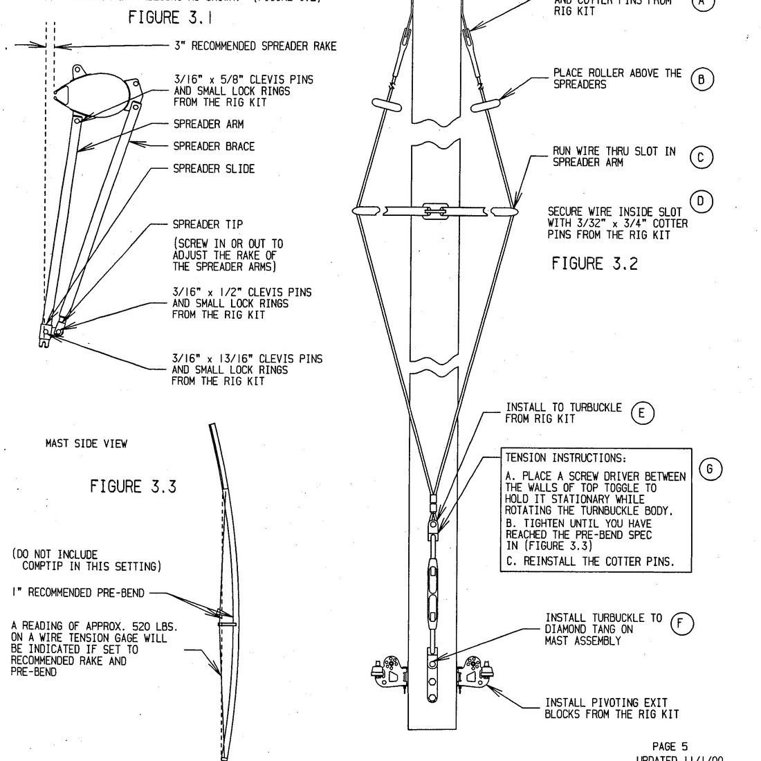 Assembly drawing of the Hobie 20 mast spreaders and diamond wires with a note of three inches recommended spreader rake