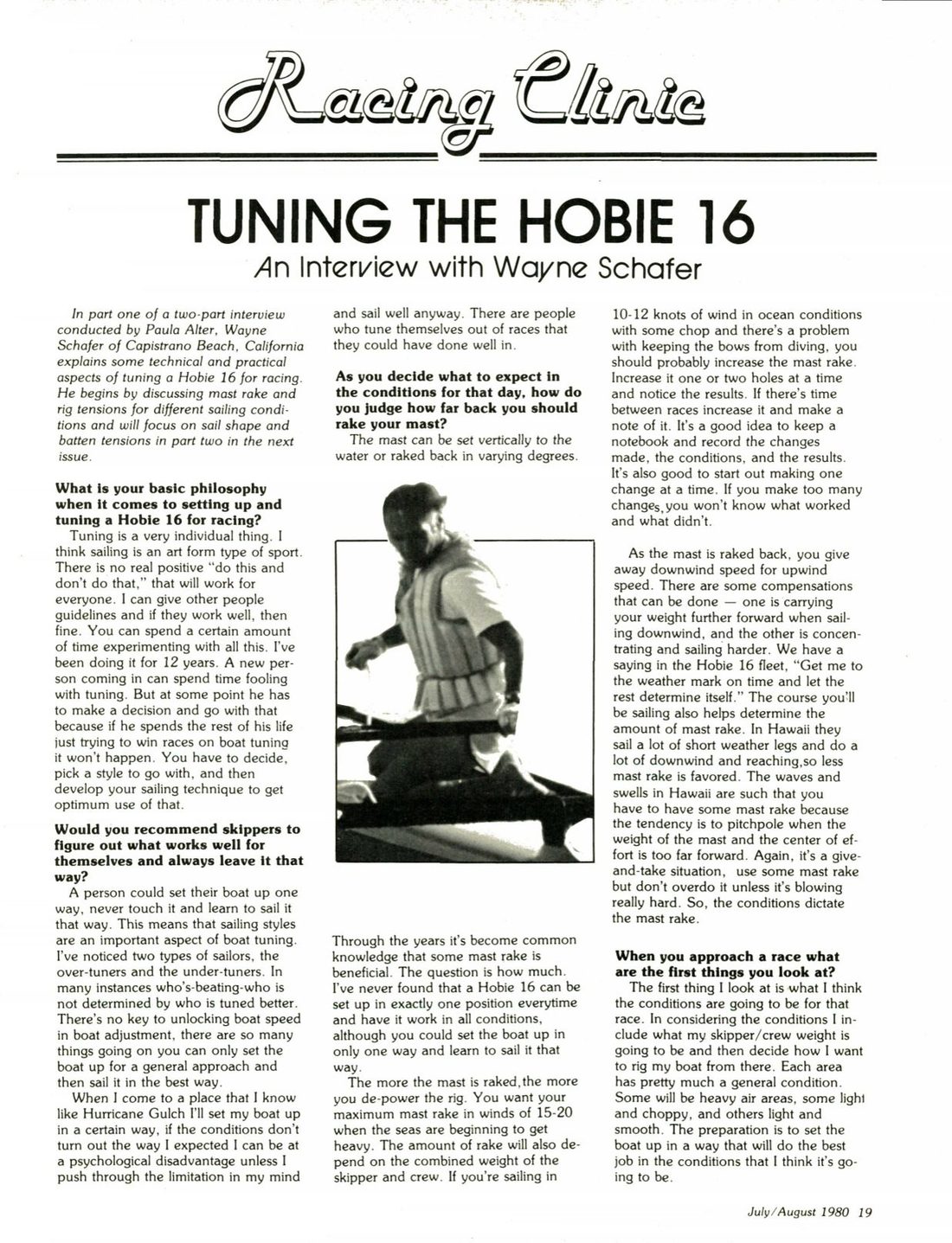 Magazine page headed Tuning the Hobie 16, an interview with Wayne Schafer, with a drawing of a raked Hobie 16 rig