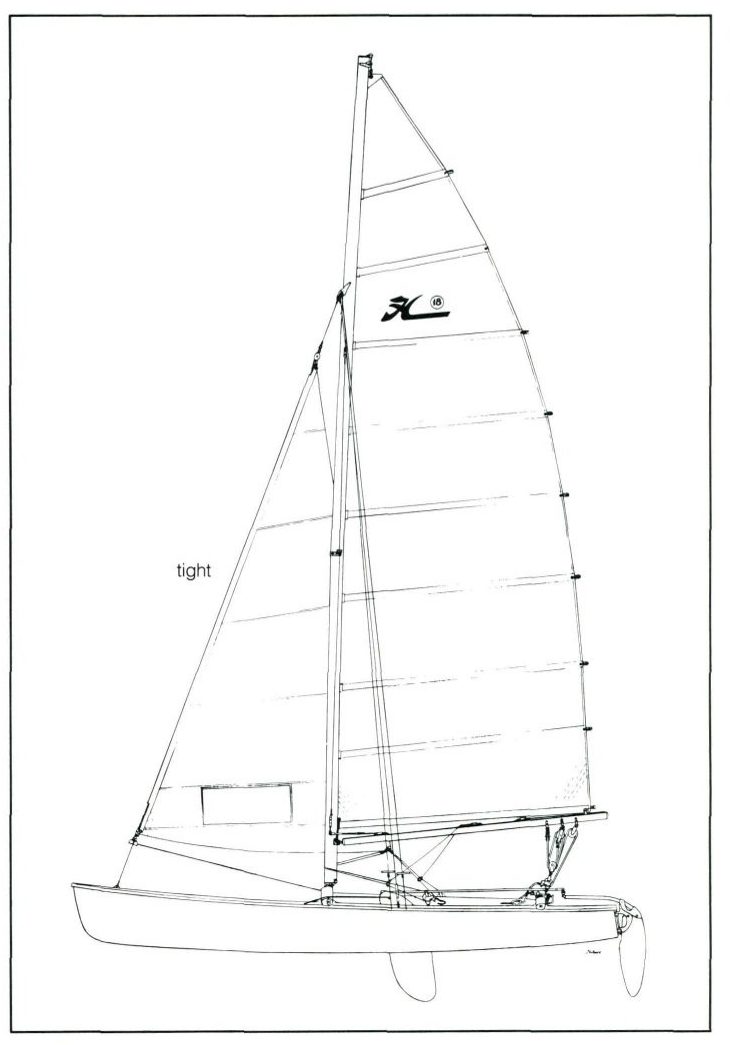 Line drawing of a Hobie 18 under sail with the jib luff and halyard labelled tight
