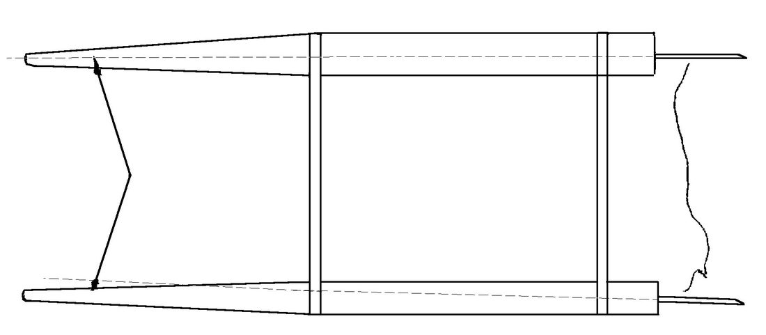 Top view line drawing of a catamaran with rudders up and a string run along the hulls to check rudder alignment with the centerboards