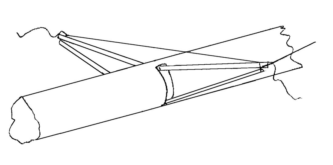 Line drawing of a mast section with spreaders and a string stretched between the spreader tips, showing how spreader rake is measured